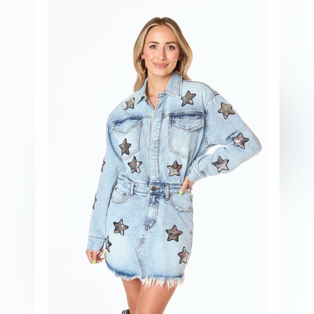 NWT Buddy Love RAELYNN DENIM Blue MINI DRESS Sequin Stars Rodeo Festival Large